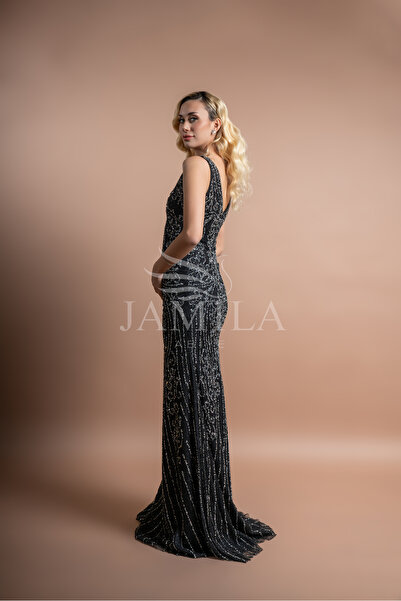 Lovely Dress Işıltılı İşlemeli V Yaka Abiye Elbise