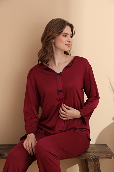 ELİTOL Burgundy Milan Soft Knitted Lycra Long Sleeve Women's Pajama Set