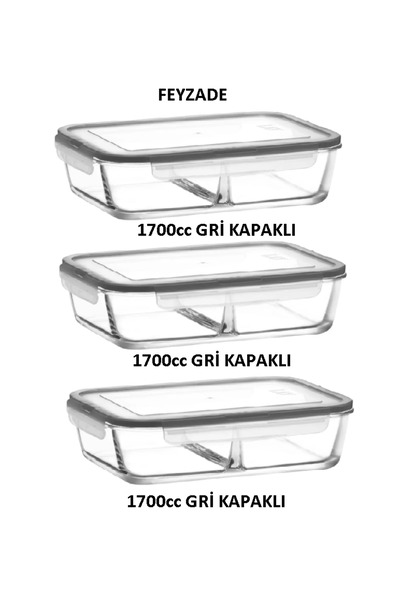 LAV Fresco Glass Lockable Two Compartment Rectangular Storage Container Set of 3 1700Cc Gray Lid Frs-299