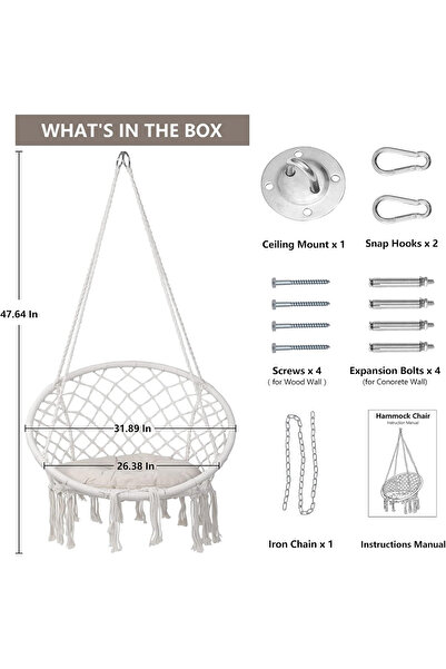Eworld Boho Macrame Hammock Swing Chair with Hanging Kit, Indoor Outdoor Cotton Rope, 330 lbs