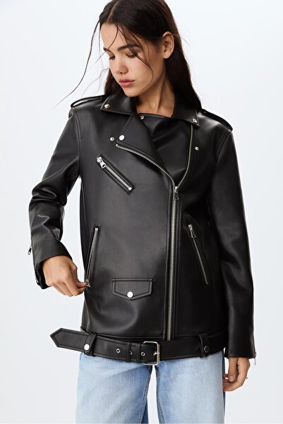 Stradivarius Suni deri oversize biker ceket