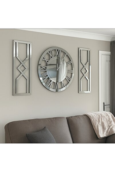 NİSANEST Dekoratif Hediyelik Ahşap Büyük Boy Duvar Saati Kum Saati Aynalı Pleksi Gümüş Tablo Saati XL 50 cm