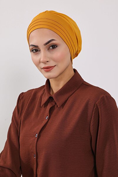 Aisha's Design Combed Cotton Bonnet Turban with Detachable Bow on the Back, S-4, Mustard