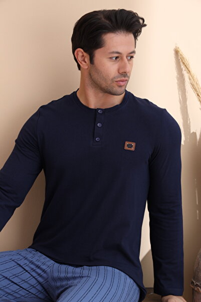 ELİTOL Синій смугастий піжамний комплект з довгими рукавами та ґудзиками для чоловіків