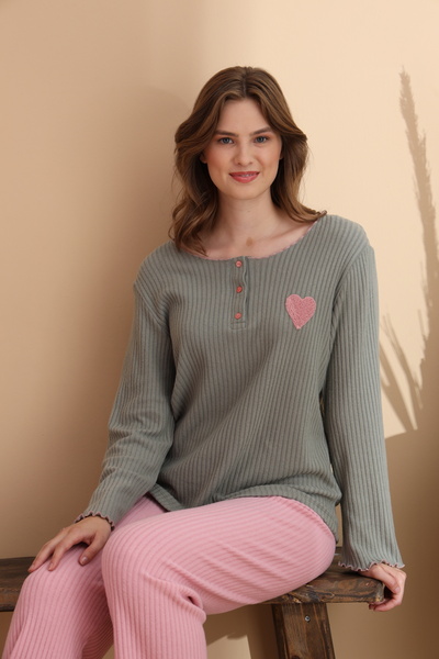 ELİTOL Khaki Report Waffle Knitted Long Sleeve Women's Pajama Set
