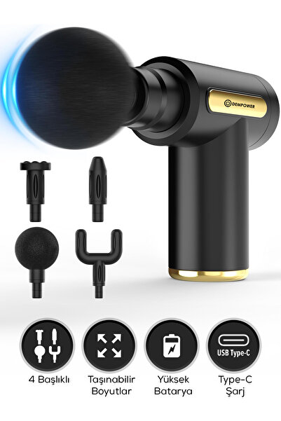 DEMPOWER Titreşimli Masaj Tabancası 4 Başlıklı Siyah 19x13cm