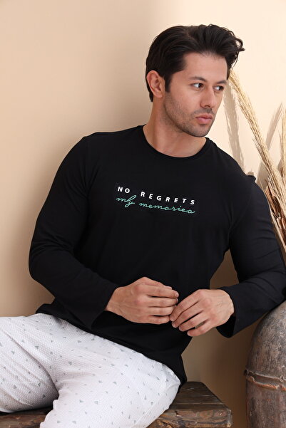 ELİTOL Чорний трикутний візерунок, довгі рукави, чоловічий піжамний комплект