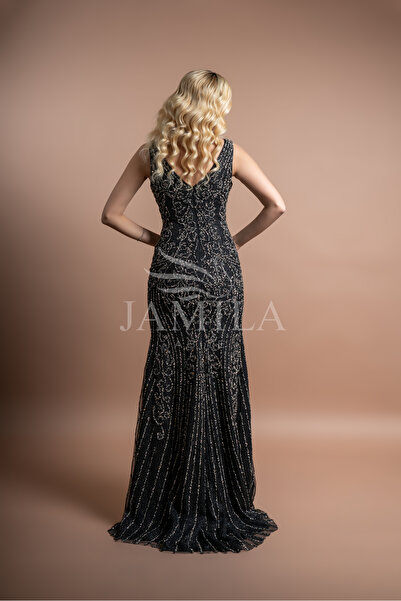 Lovely Dress Işıltılı İşlemeli V Yaka Abiye Elbise