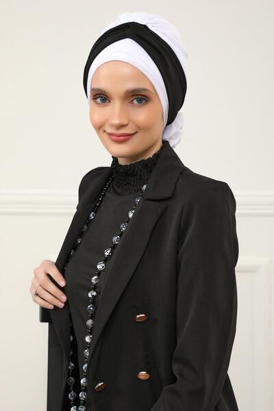 Ayşe Tasarım Σχεδιασμός διπλού χρώματος Σιφόν έτοιμο τουρμπάν, HT-45, Λευκό - Μαύρο