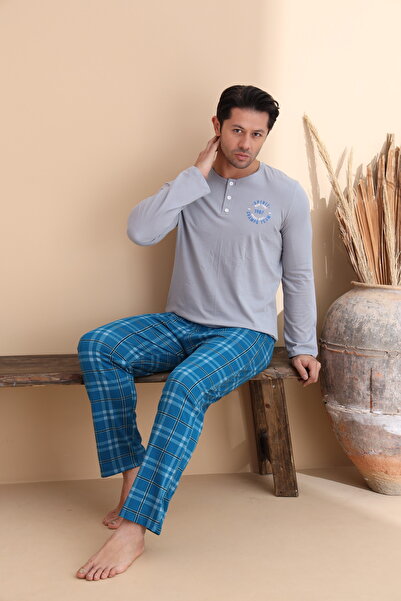ELİTOL Сірий картатий візерунок на ґудзиках, довгі рукави, чоловічий піжамний комплект