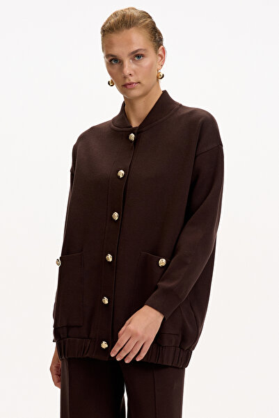 Exquise Bisiket Oversize Tirko Cardigan with Collar Pockets and Gold Buttons