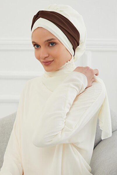 Ayşe Tasarım Double Color Design Chiffon Ready-To-Wear Turban,Ht-46,Ht-46,Cream - Brown