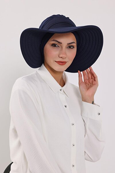 Aisha's Design Combed Cotton Bonnet Turban with Detachable Bow on the Back, S-4, Navy Blue