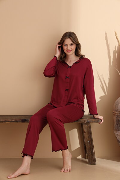 ELİTOL Burgundy Milan Soft Knitted Lycra Long Sleeve Women's Pajama Set