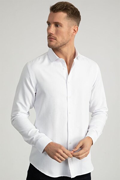 Tudors Slim Fit Uzun Kollu Armürlü Erkek Beyaz Gömlek