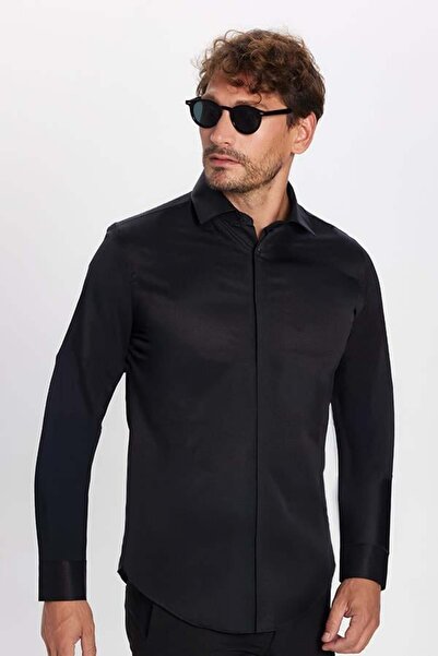 Tudors Slim Fit Uzun Kollu Gizli Pat Sırtı Körüklü Düz Siyah Erkek Gömlek