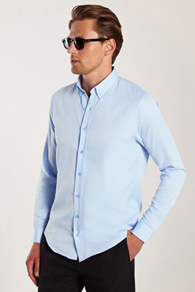 Tudors Чоловіча сорочка Slim Fit з вузьким кроєм, довгими рукавами, бавовняною тканиною Oxford, легким прасуванням, синім коміром на ґудзиках