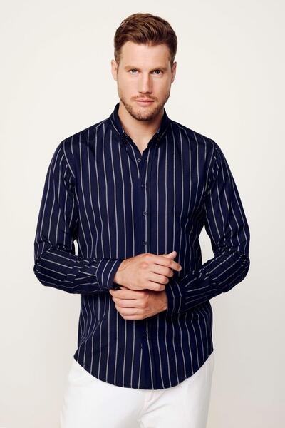 Tudors Чоловіча сорочка Slim Fit, вузький крій, довгі рукави, бавовна, легка праска, смугаста, синя, з ґудзиками на комірі