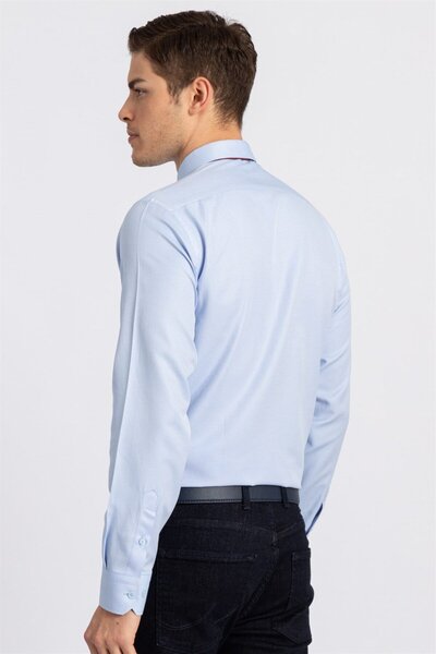 Tudors Modern Slim Fit Uzun Kollu Pamuklu Kolay Ütü Armürlü Erkek Mavi Gömlek