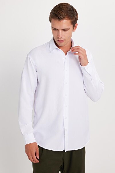 Tudors Oversize Mevsimlik Keten Dokulu Bol Kalıp Uzun Kollu Rahat Kullanım Erkek Beyaz Gömlek