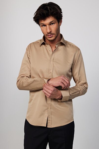 Tudors Erkek Modern Slim Fit Düz Saten Pamuklu Krem Gri Gömlek