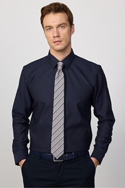 Tudors Erkek Slim Fit Non-Iron Pamuklu Doğa Dostu Ekoteks Belgeli Ütü Gerektirmez Lacivert Gömlek