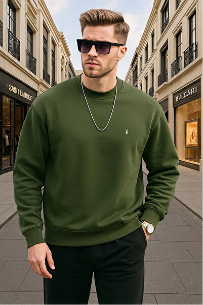 COMBİNE MİCHAİL Haki Renk Basic Bisiklet Yaka Relaxed Regular Erkek Sweatshirt