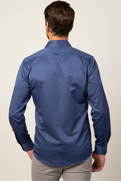 Tudors Erkek Modern Slim Fit Düz Saten Pamuklu Lacivert Gömlek