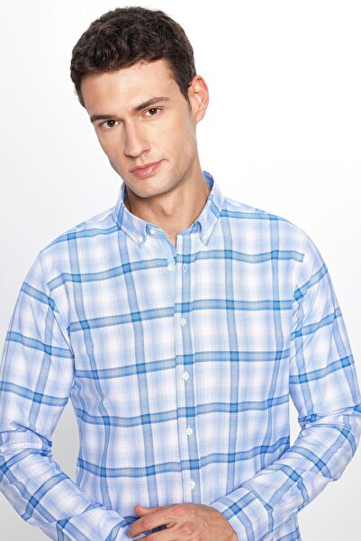 Tudors Erkek Slim Fit Dar Kesim Uzun Kollu Pamuklu Kolay Ütü Kareli Düğmeli Yaka Gömlek