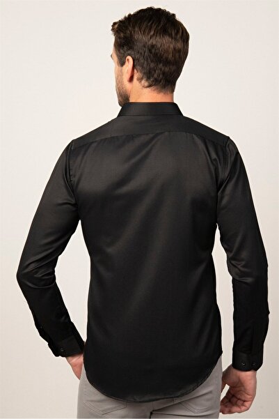 Tudors Slim Fit Uzun Kollu Armürlü Erkek Siyah Gömlek