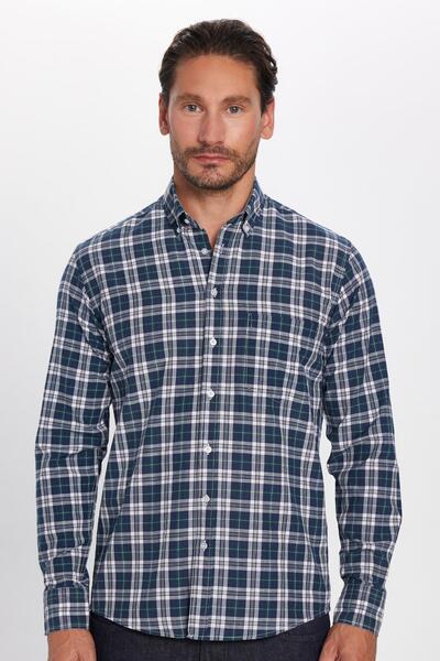 Tudors Erkek Regular Fit Klasik Kesim Düğmeli Yaka Küçük Kareli Pamuklu Gömlek