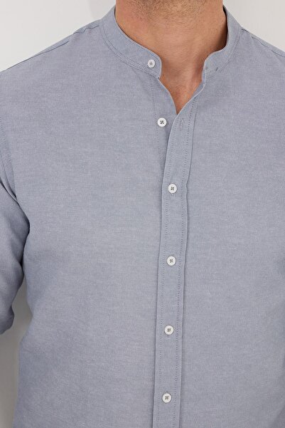 Tudors Erkek Slim Fit Dar Kesim Pamuklu Kolay Ütü Gri Hakim Yaka Gömlek