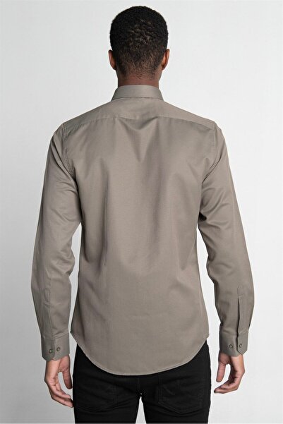 Tudors Slim Fit Uzun Kollu Armürlü Erkek Haki Gri Gömlek