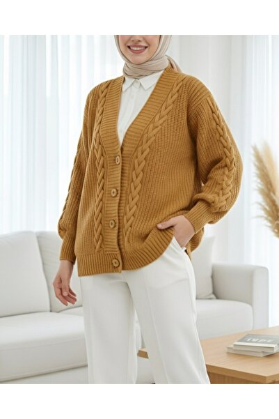 Modamorfo Zimní pletený kardigan ve skořicové barvě s detailem řetízku