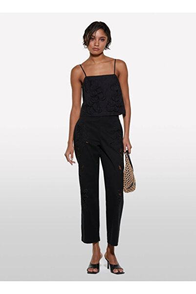 Sisley Women's Black Cotton Embroidered Hidden Zipper Relax Fit Trousers