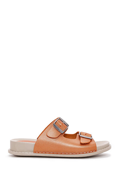 Derimod Women's Orange Double Buckle Leather Comfort Slippers 25Sfd 500032