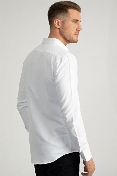 Tudors Slim Fit Uzun Kollu Armürlü Erkek Beyaz Gömlek