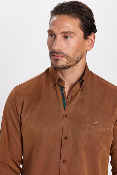 Tudors Men's Regular Fit Classic Cut Button Collar Cotton Easy Ironing Oxford Solid Brown Shirt