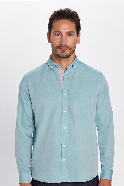 Tudors Klasik Fit Uzun Kollu Düğmeli Yaka Pamuklu Kolay Ütü Oxford Düz Erkek Gömlek