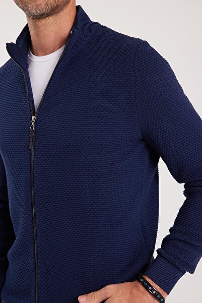 Tudors Erkek Standart Fit Normal Kesim Desenli Yarım Balıkçı Yaka Fermuarlı Lacivert Hırka