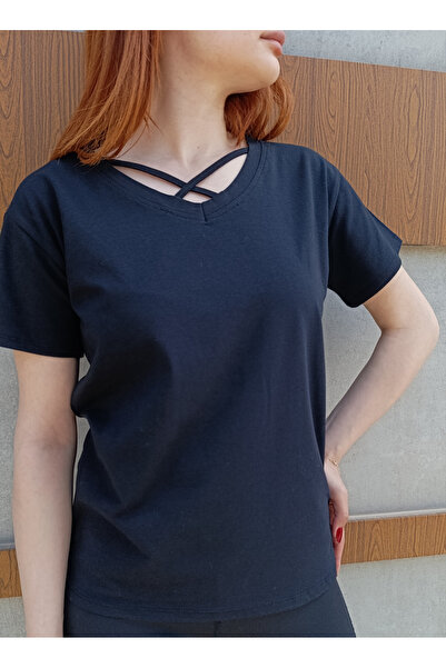 siyalife Tricou negru cu decolteu în V pentru femei, cu detaliu de frânghie, ...