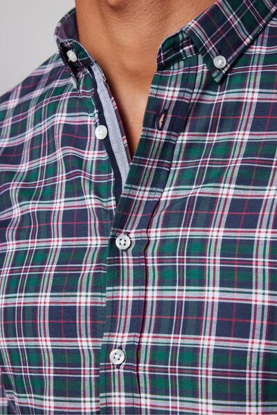 Tudors Erkek Slim Fit Dar Kesim Uzun Kollu Pamuklu Kolay Ütü Kareli Düğmeli Yaka Gömlek