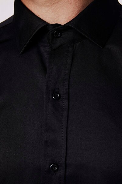 Tudors Erkek Modern Slim Fit Düz Saten Pamuklu Siyah Gömlek