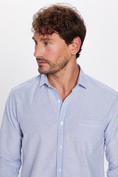 Tudors Класична посадка з довгим рукавом, тонкий смугастий бавовняний комір з краваткою чоловічий синій Сорочка