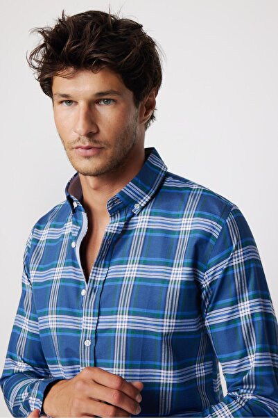 Tudors Erkek Slim Fit Dar Kesim Uzun Kollu Pamuklu Kolay Ütü Kareli Düğmeli Yaka Gömlek