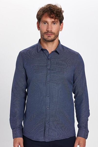 Tudors Cămașă modernă, cu mânecă lungă, din bumbac, ușor de călcat Dobby, pentru bărbați, albastru