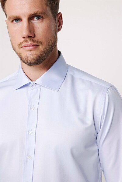Tudors Erkek Modern Slim Fit Düz Saten Pamuklu Mavi Gömlek