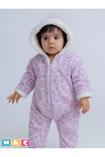 MÇ FAMİLY STORe Baby Thick Winter Zippered Hooded Plush Purple Jumpsuit Thi̇ck Fleece Jumpsuit