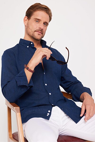 Tudors Erkek Slim Fit Dar Kesim Uzun Kollu Keten Premium Seri Düğmeli Yaka Sp...