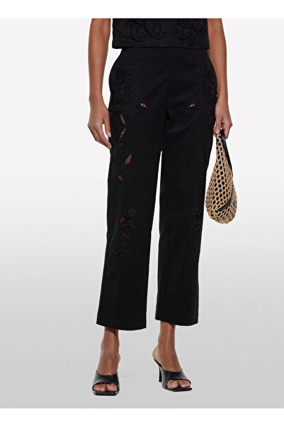 Sisley Women's Black Cotton Embroidered Hidden Zipper Relax Fit Trousers